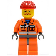 cty124 Construction Worker - Orange Zipper, Safety Stripes, Orange Arms, Orange Legs, Dark Bluish Gray Hips, Red Construction Helmet, Brown Moustache 